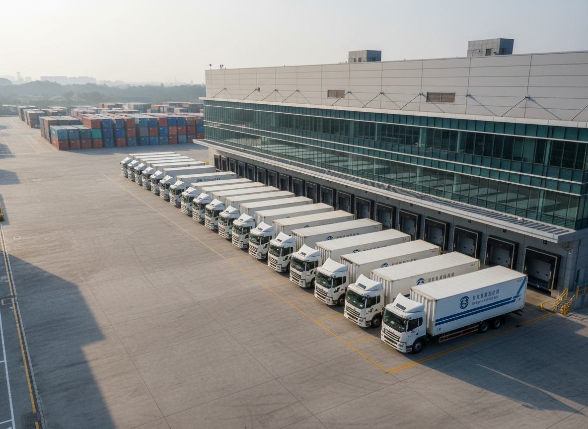 A modern logistics hub exterior featuring a fleet of pristine white cargo trucks with subtle blue accents, neatly lined up beside a large warehouse with clean grey metal cladding. Shipping containers in coordinated red, blue, and white tones are stacked methodically in the mid-ground, suggesting organized international freight. Early morning natural light casts long, crisp shadows across the smooth concrete yard, highlighting clear pathways and loading bays. Captured from a slightly elevated, wide-angle perspective with sharp focus throughout, the composition emphasizes scale, efficiency, and reliability. The atmosphere is professional and orderly, with photographic realism and a clean, corporate aesthetic suitable for a Hong Kong–based logistics and transportation group.