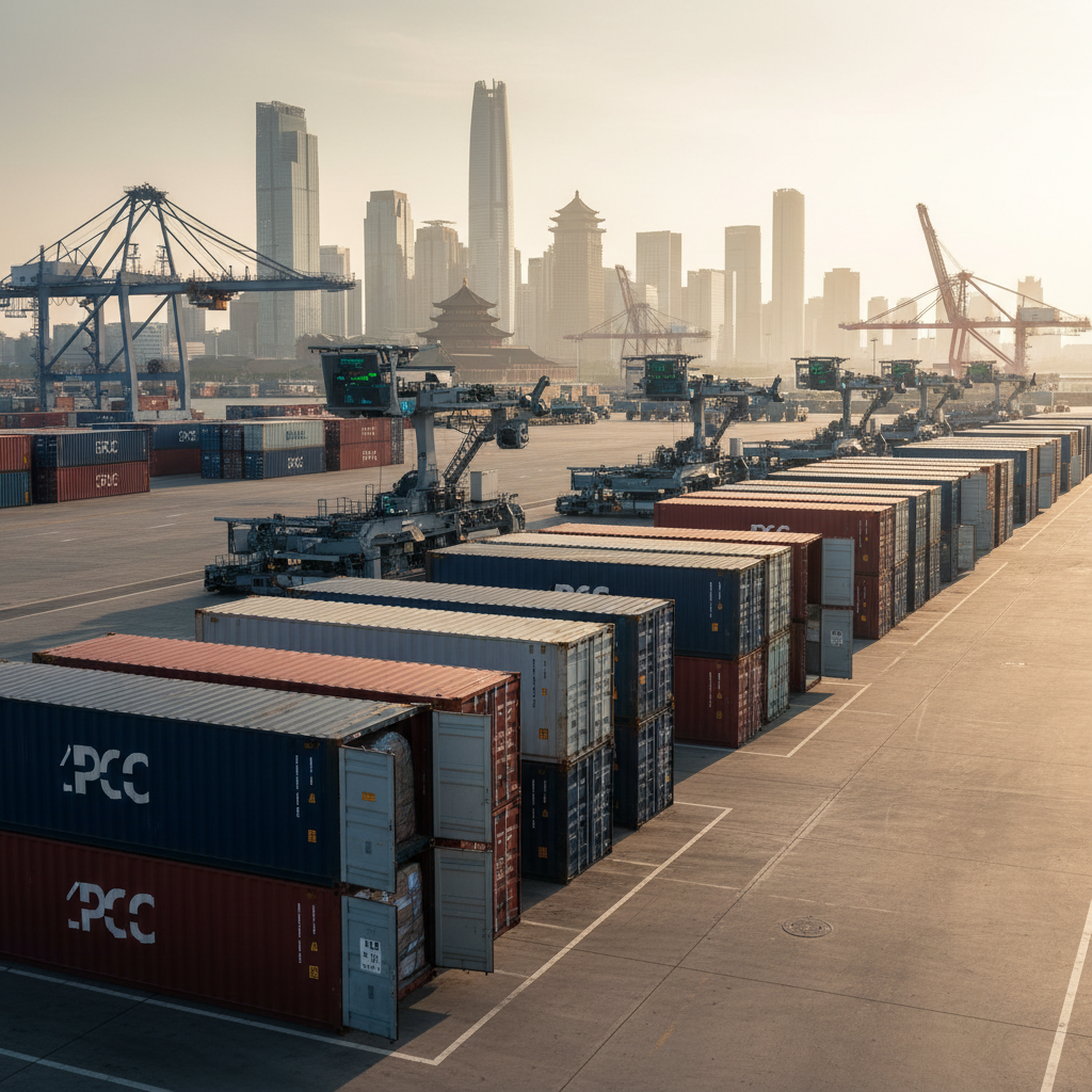 A detailed scene of a cross-border customs and freight operation at an international terminal, showing a row of neatly aligned shipping containers being inspected by non-human, automated scanning equipment. The containers display neutral colors—navy, white, and dark red—stacked against a backdrop of cranes and a distant skyline that subtly hints at both Chinese and North American architecture without specific landmarks. Late afternoon sunlight provides a warm, golden tone, creating defined but soft-edged shadows. Shot from a mid-height, three-quarter angle, the composition balances machinery, containers, and open space, evoking a sense of transparency, security, and efficiency in customs clearance within a photographic, documentary style.