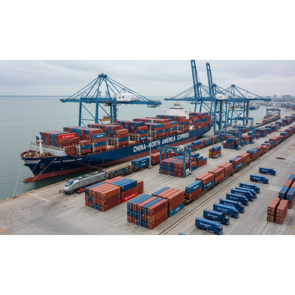 A sleek intermodal logistics scene highlighting the China–North America trade route, with a large cargo ship in deep blue and white colors docked beside a modern container terminal. Distinctive red and blue containers form tidy stacks on the vessel and quay, subtly suggesting the connection between Asian and North American markets. In the background, a train of matching freight cars and a line of branded trucks wait for loading, illustrating seamless multimodal transport. Overcast daylight creates diffused, even lighting with minimal shadows, emphasizing clarity and detail. Captured from an elevated, wide panoramic angle, the mood is confident and forward-looking, showcasing global connectivity in highly realistic, professional photographic style.