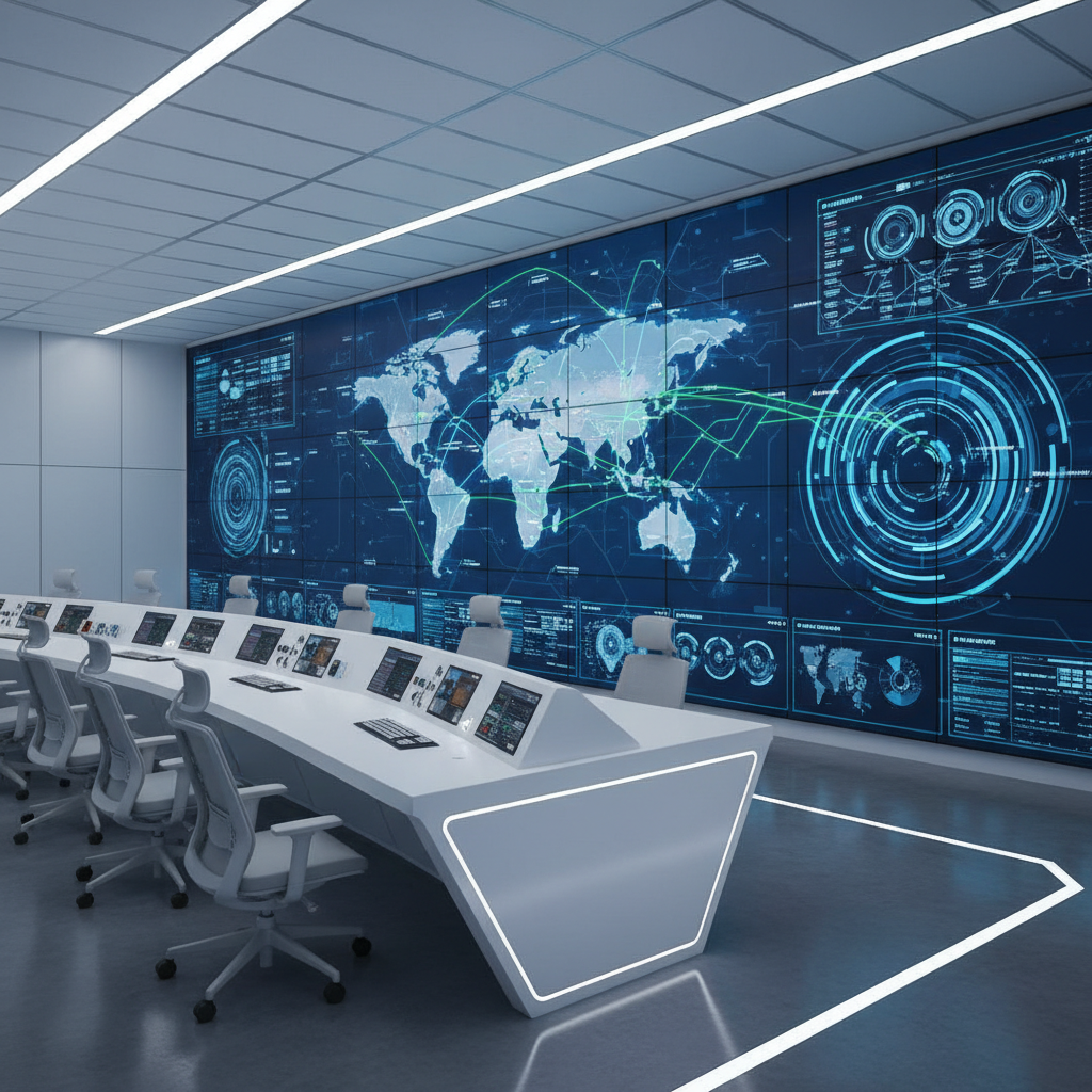 A high-tech logistics control room with a long, white operations desk facing a wall of large, bezel-thin screens displaying abstracted maps, cargo flow diagrams, and real-time tracking dashboards without readable text. A stylized map highlights routes between major Chinese cities and North American ports using clean blue and green lines. Cool, balanced LED lighting gently illuminates the room, creating subtle reflections on the polished dark floor and glossy display surfaces. Shot from a slightly elevated corner angle with a moderate depth of field, the space feels focused and strategic. The atmosphere is one of precision, coordination, and reliability, presented in clean, photographic realism suited to a professional logistics group.