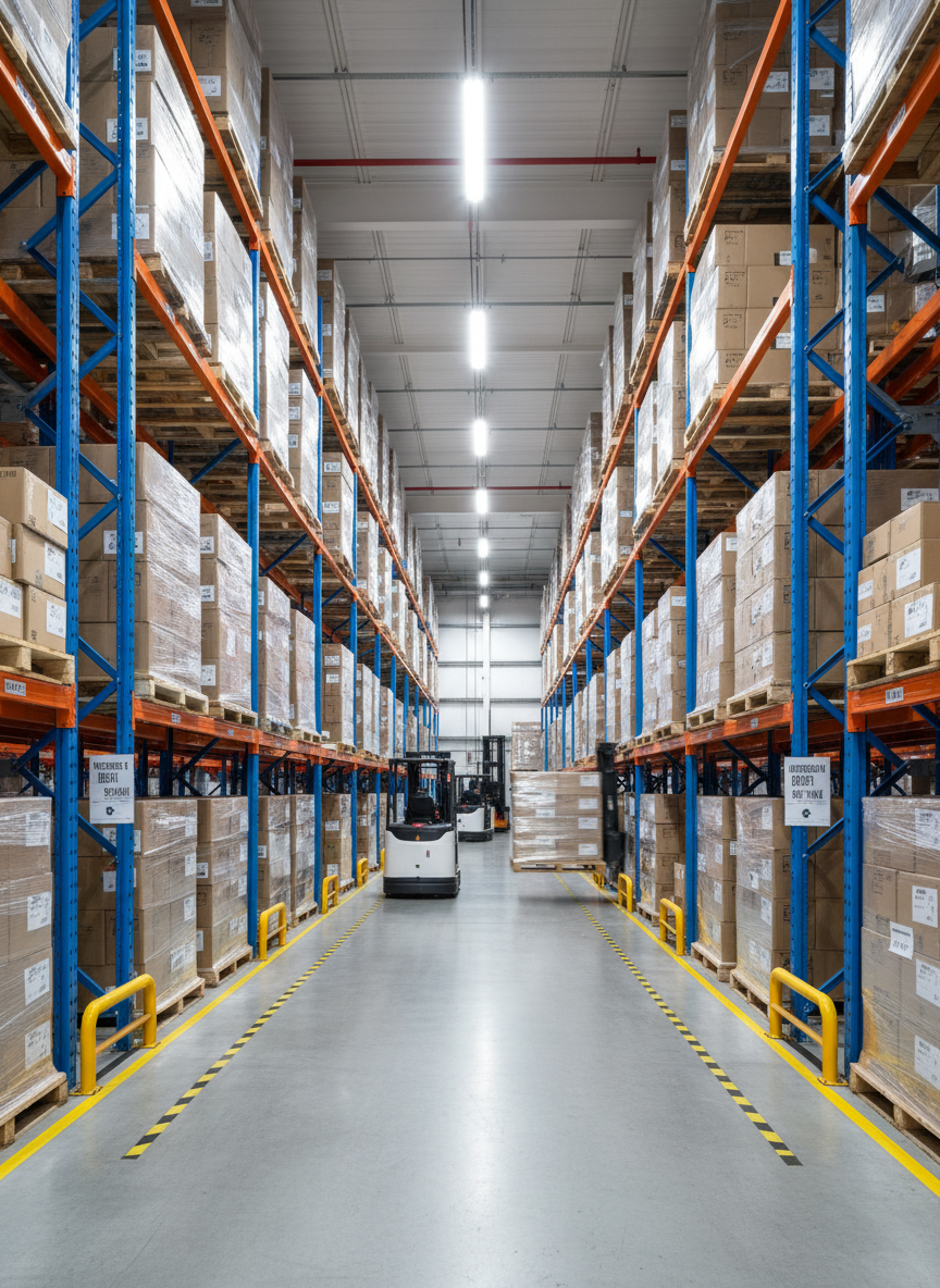 An expansive, meticulously organized warehouse interior filled with tall, blue-and-orange pallet racks holding uniformly wrapped cargo pallets and labeled cartons. In the foreground, a polished concrete floor reflects soft overhead LED lighting that creates even, shadow-free illumination. Autonomous pallet movers and forklifts, in white and dark grey, glide along clearly marked lanes, reinforcing precision and safety. Captured at eye level with a slightly leading line perspective, the image draws the viewer’s eye deep into the racking system. The mood is calm, controlled, and highly professional, conveying reliable storage and distribution capabilities in photographic realism with a clean, modern logistics aesthetic.